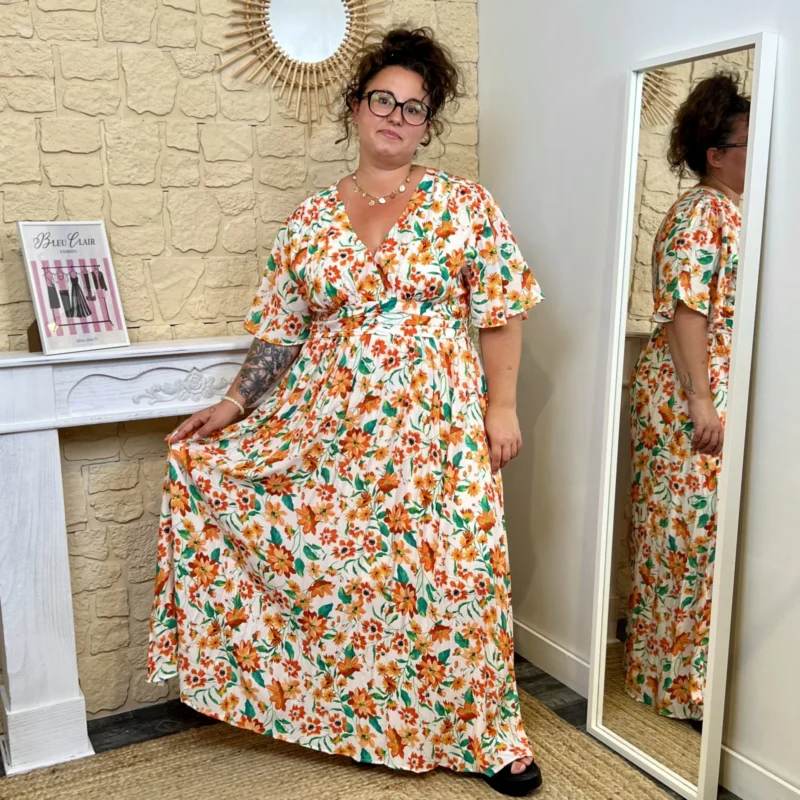 Robe longue fleurie (T40-T48) - orange - 48