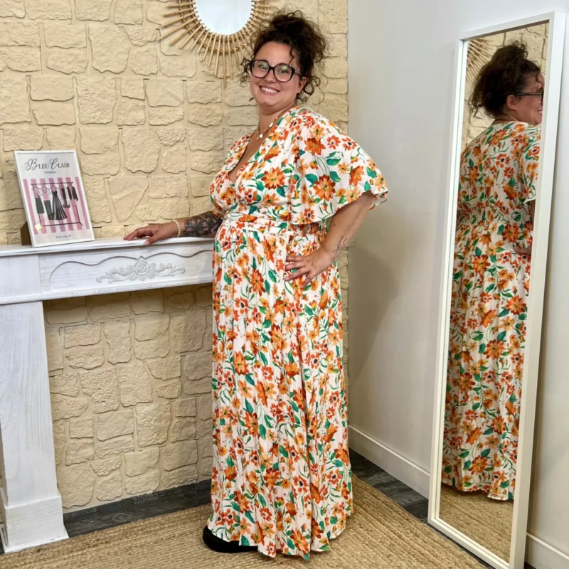 Robe longue fleurie (T40-T48) - orange - 48