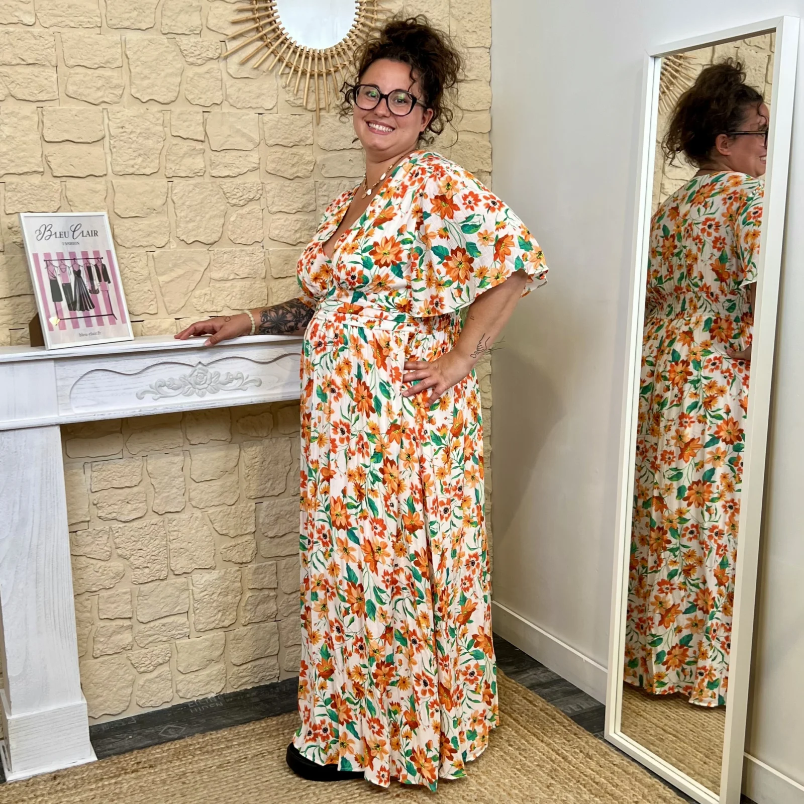 Robe longue fleurie (T40-T48) - orange - 48