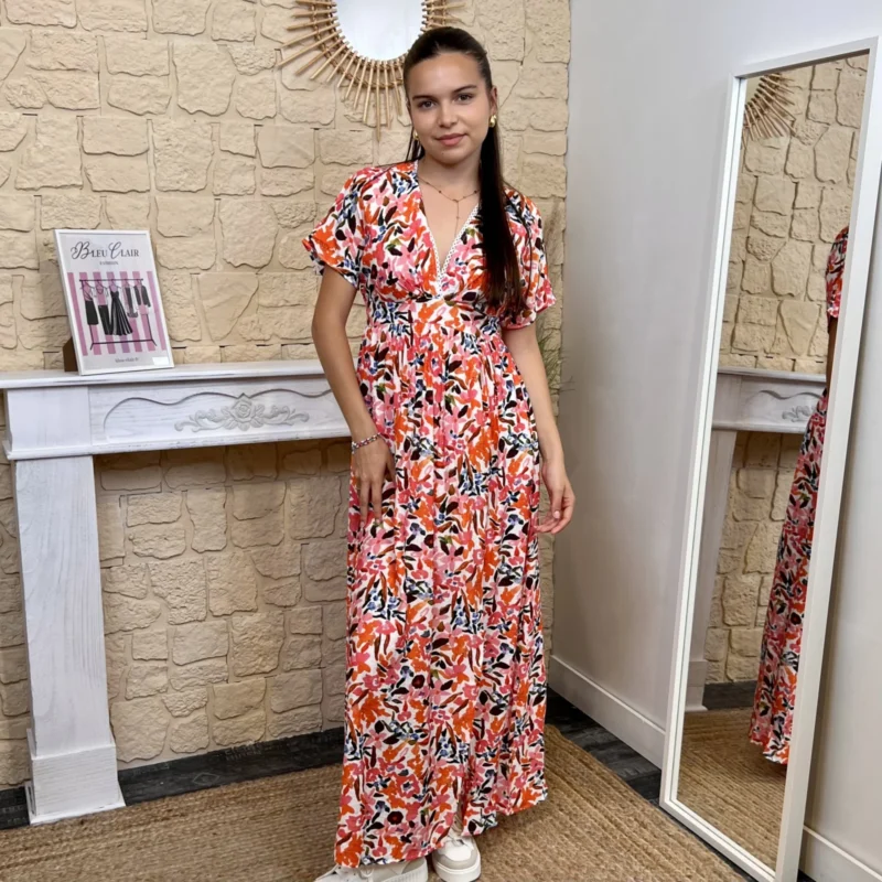 Robe longue fleurie - corail - 38
