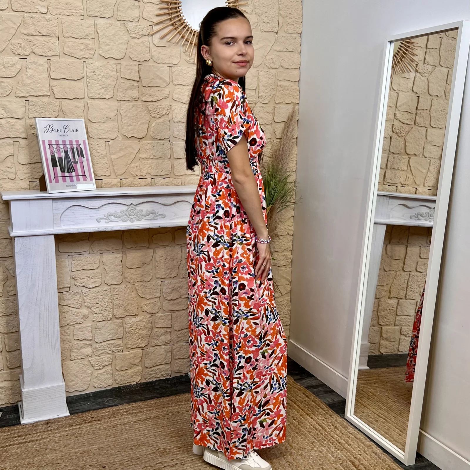 Robe longue fleurie - corail - 38