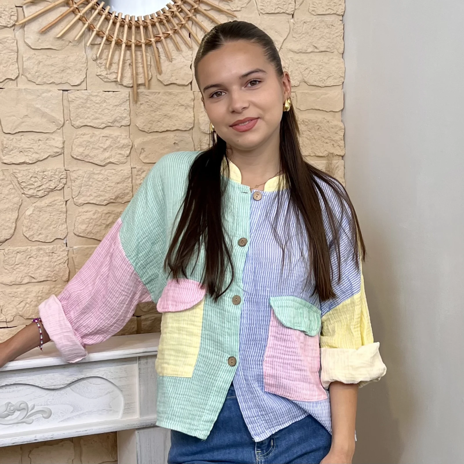 Chemise rayée avec poches - jaune-colbl - taille-unique