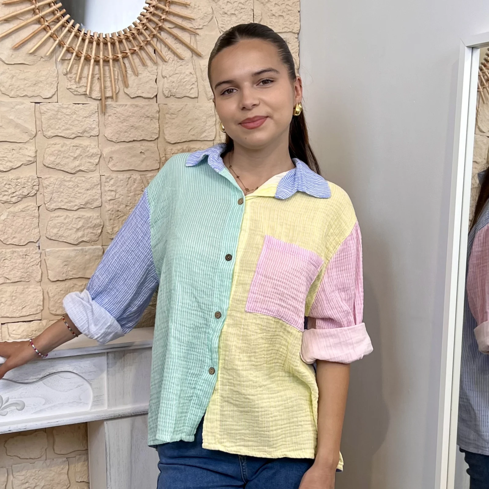 Chemise rayée avec poche - bleu-jeans-colbl - taille-unique