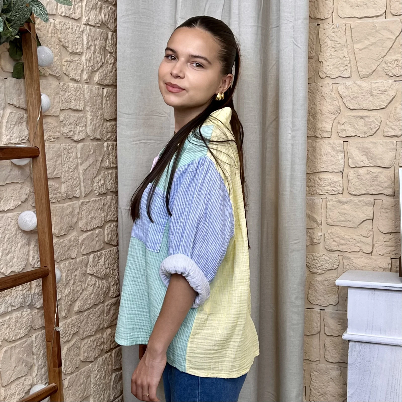 Chemise rayée avec poche - jaune-colbl - taille-unique