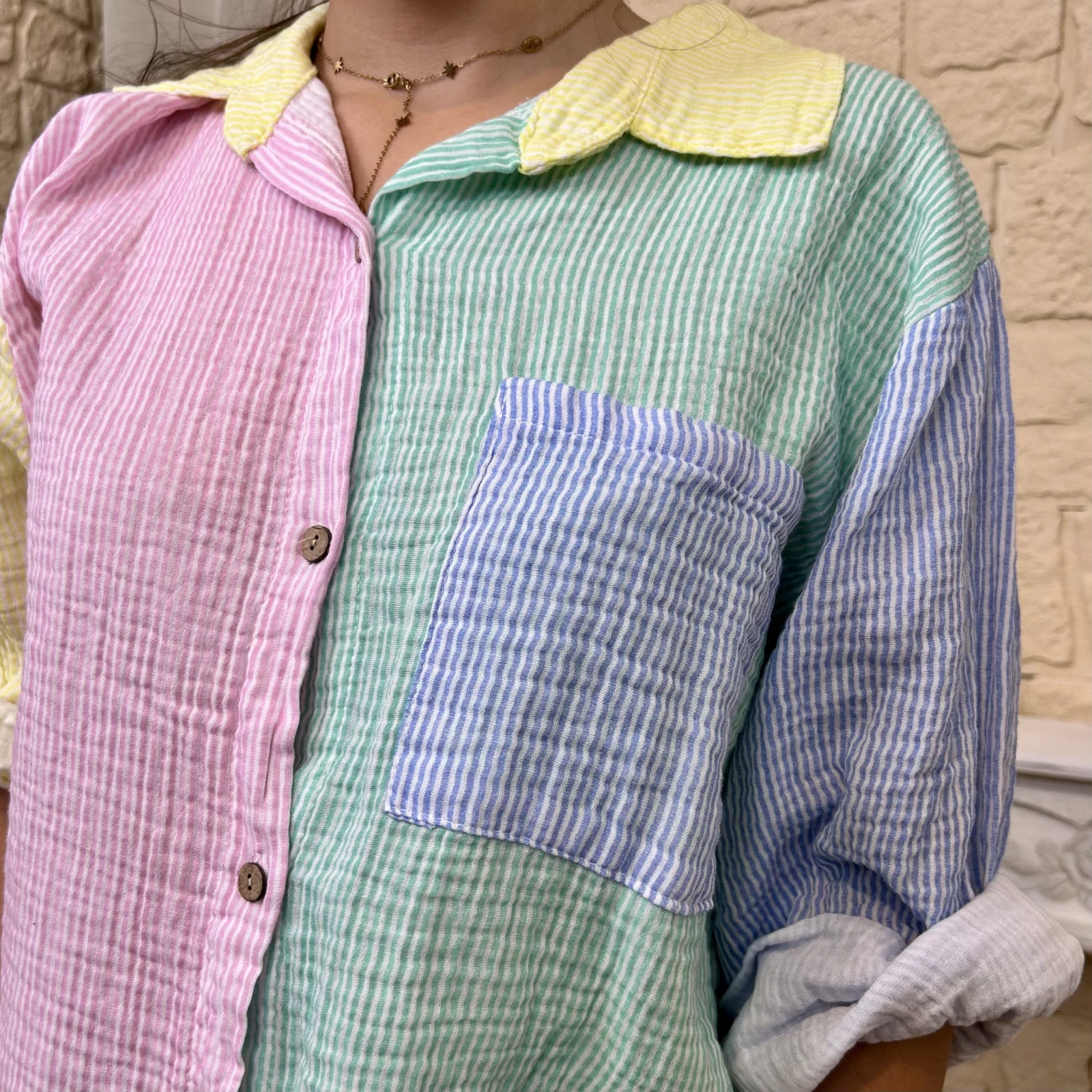 Chemise rayée avec poche - jaune-colbl - taille-unique