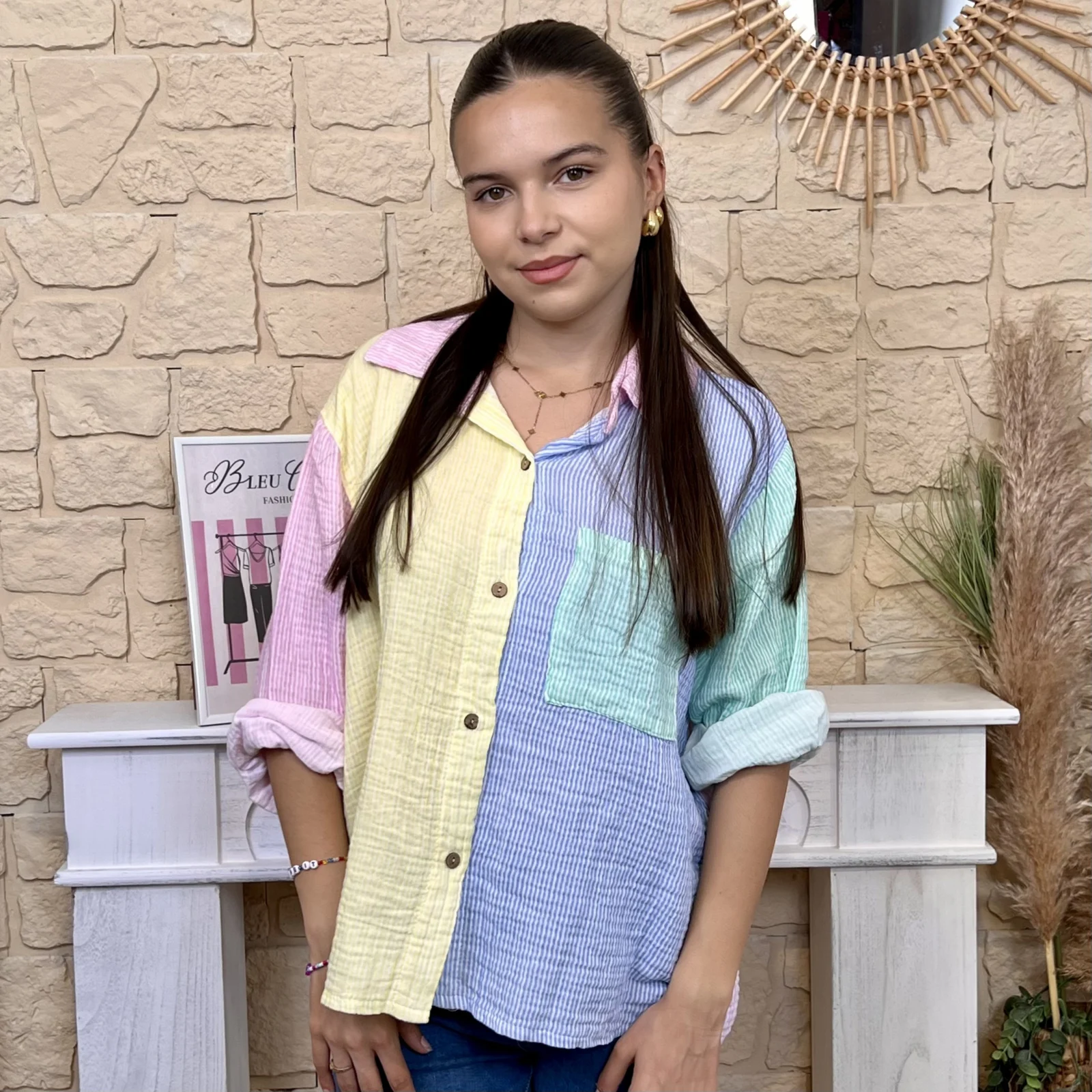 Chemise rayée avec poche - rose-bebe-colbl - taille-unique