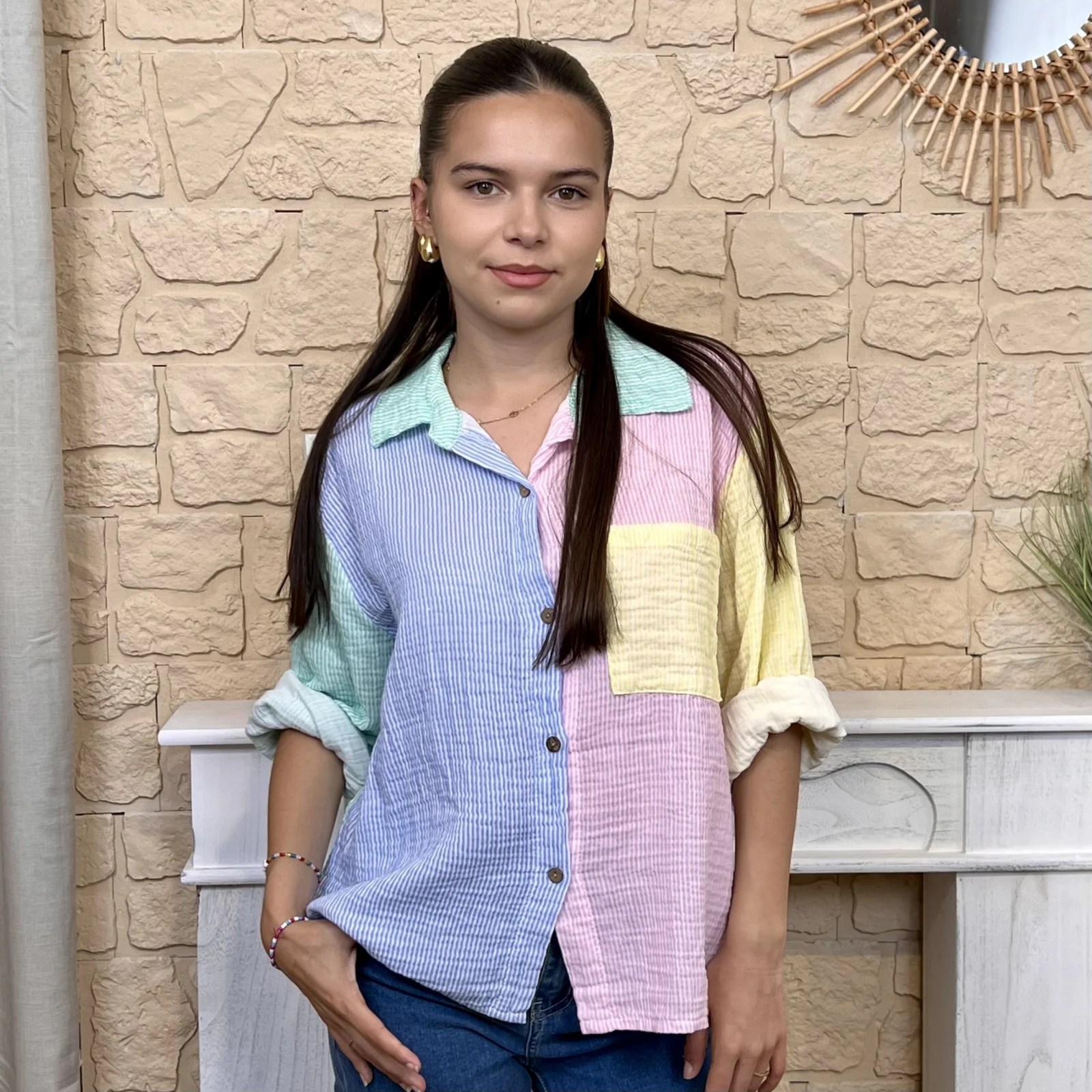 Chemise rayée avec poche - vert-deau-colbl - taille-unique