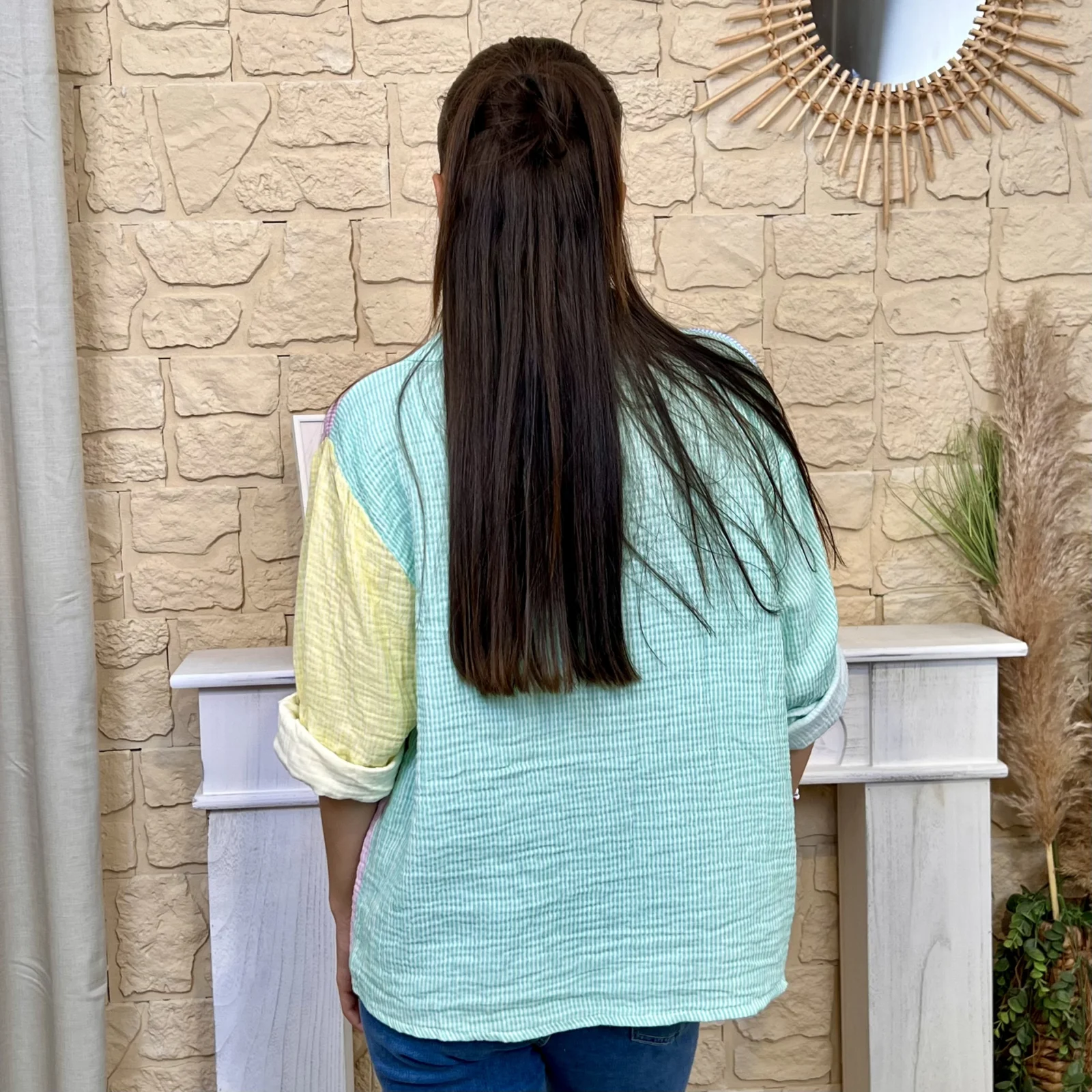 Chemise rayée avec poche - vert-deau-colbl - taille-unique