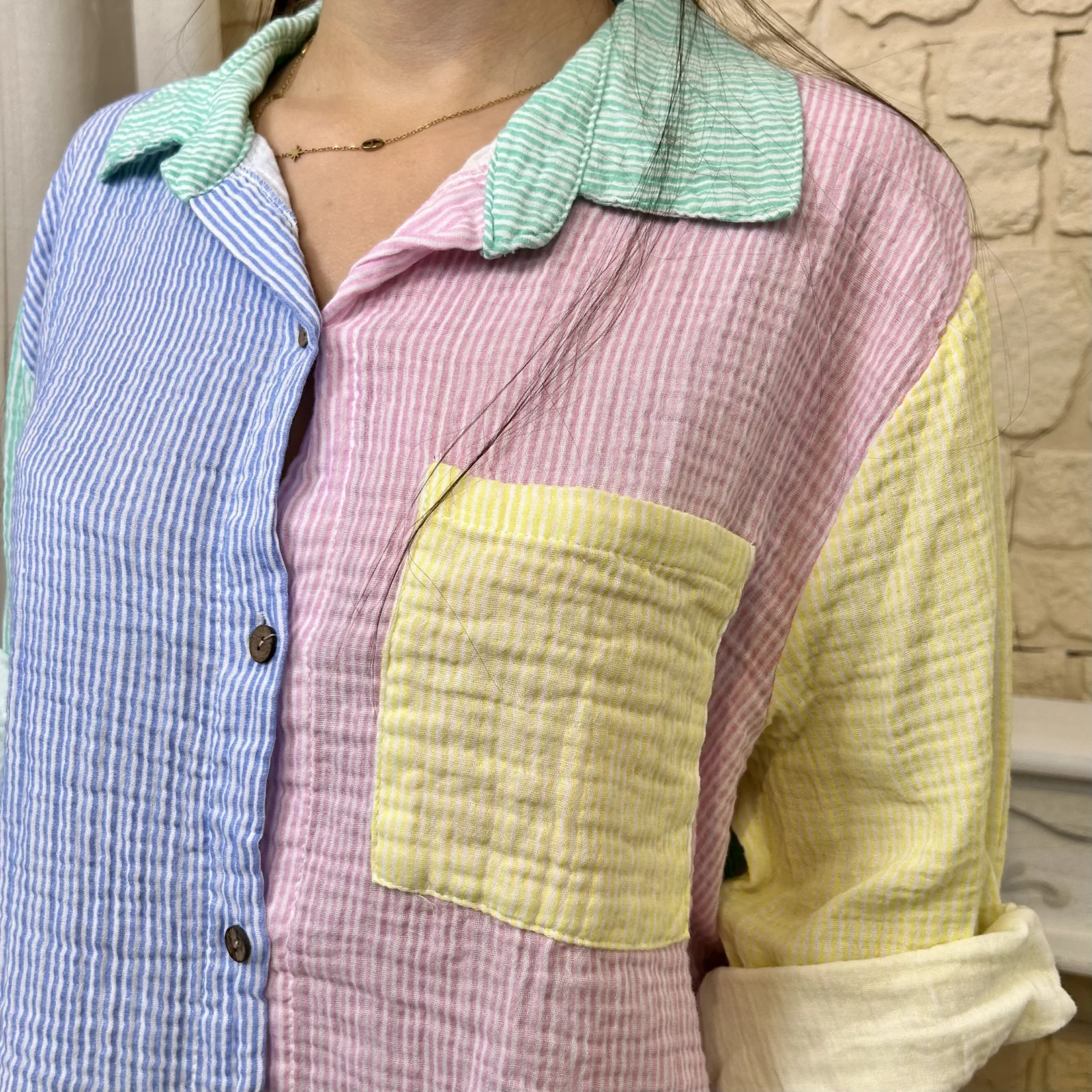 Chemise rayée avec poche - vert-deau-colbl - taille-unique