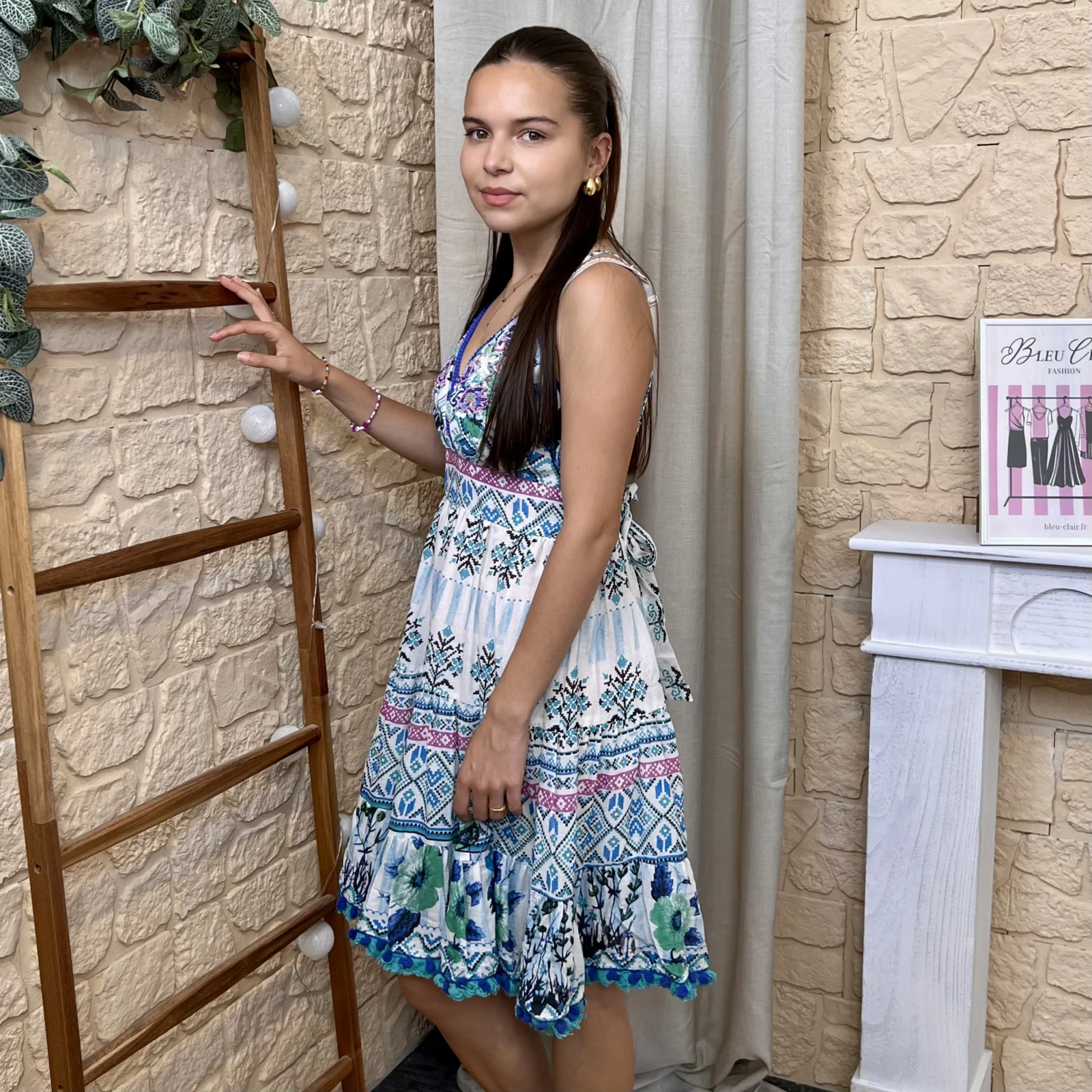 Robe courte bohème - bleu-ciel - 46
