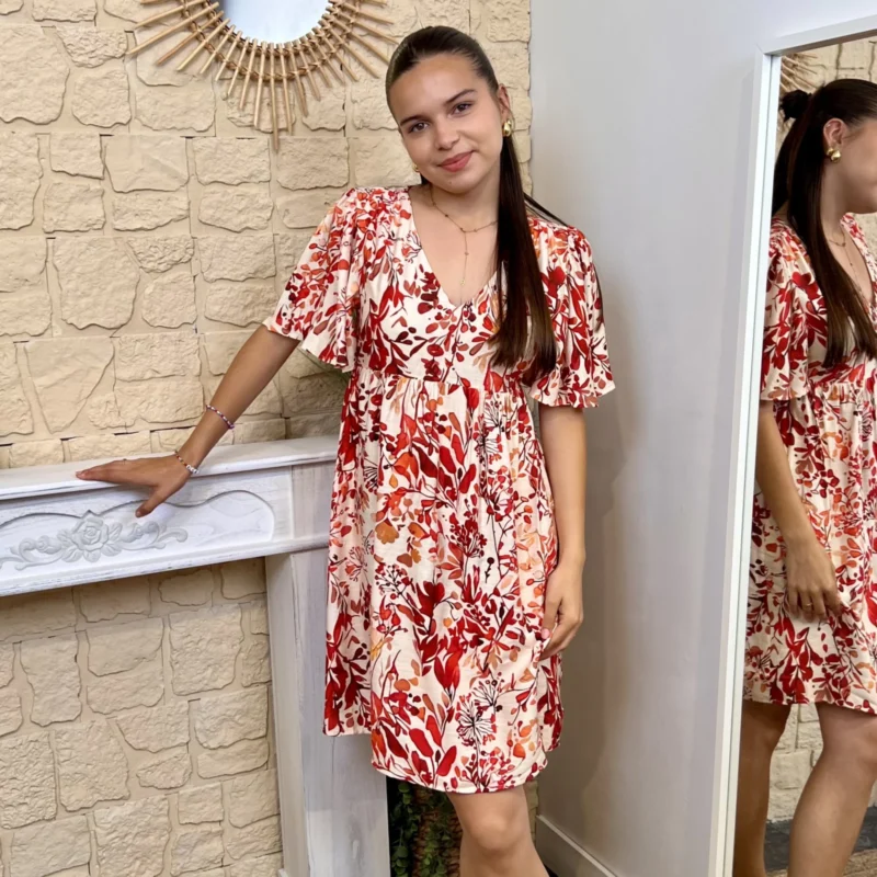 Robe courte feuillage - corail - 38