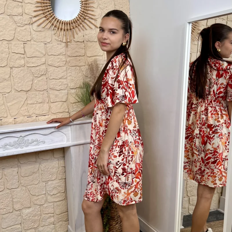 Robe courte feuillage - corail - 38