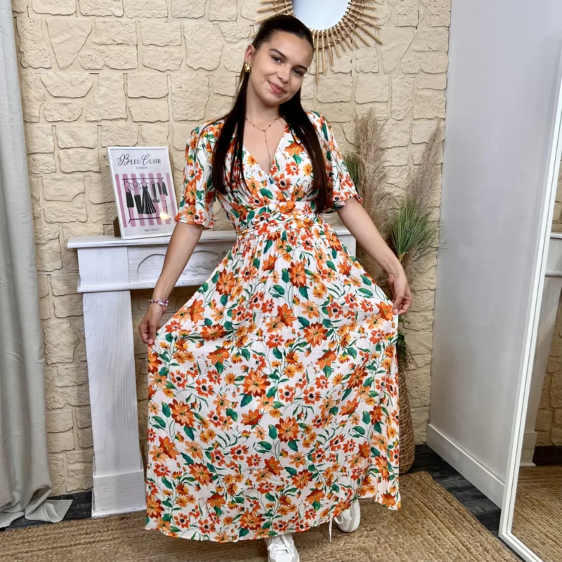 Robe longue fleurie (T36-T38) - orange - 38