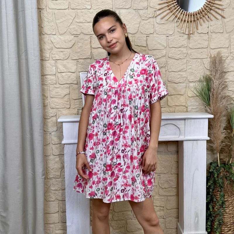 Robe-short courte fleurie - fuchsia - 38