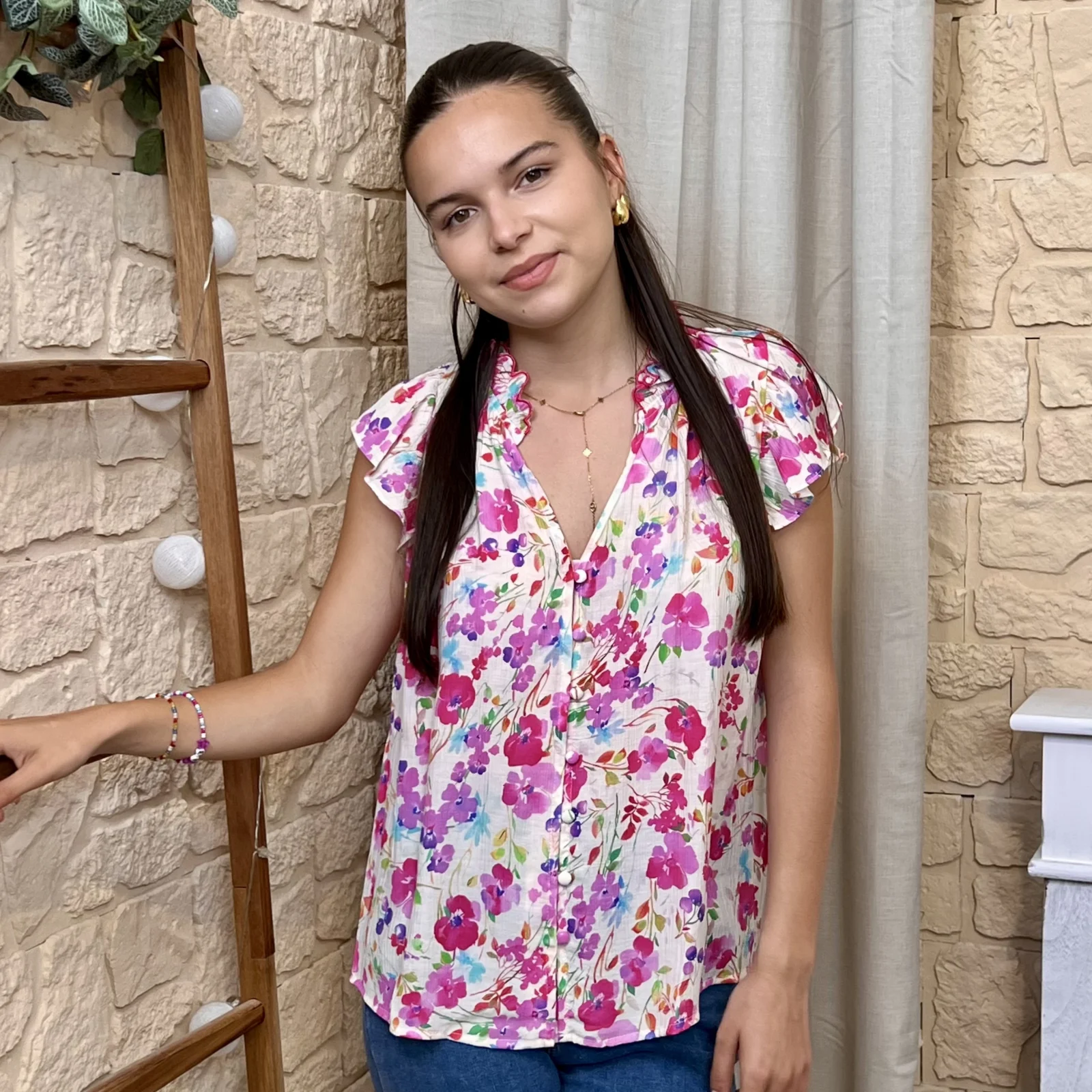 Blouse fleurie volantée (T36-T38) - fuchsia - 38