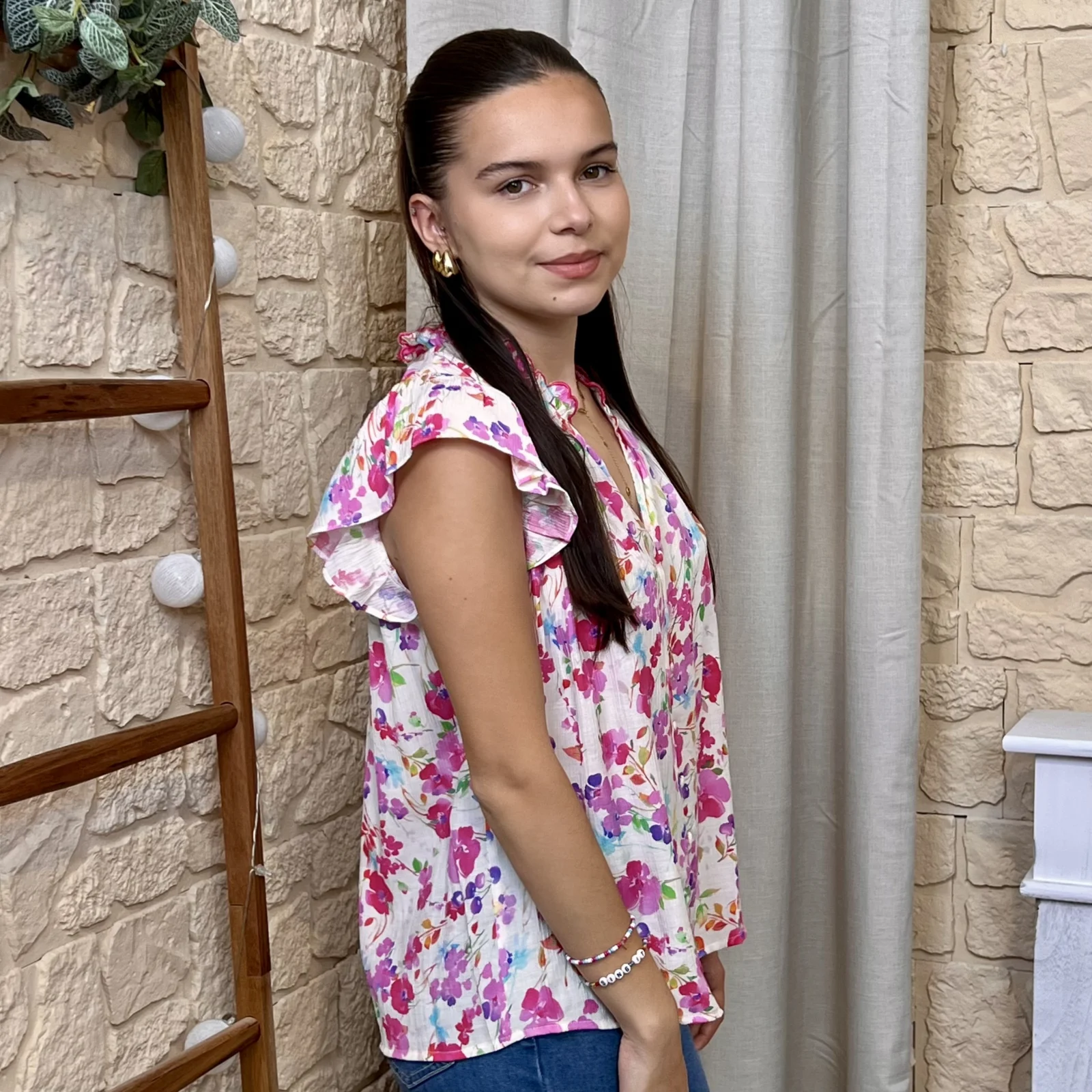 Blouse fleurie volantée (T36-T38) - fuchsia - 38