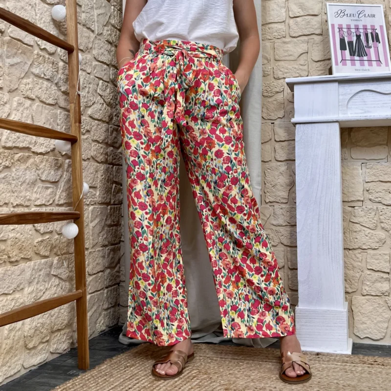 Pantalon fluide fleuri - rouge-jaune - 38