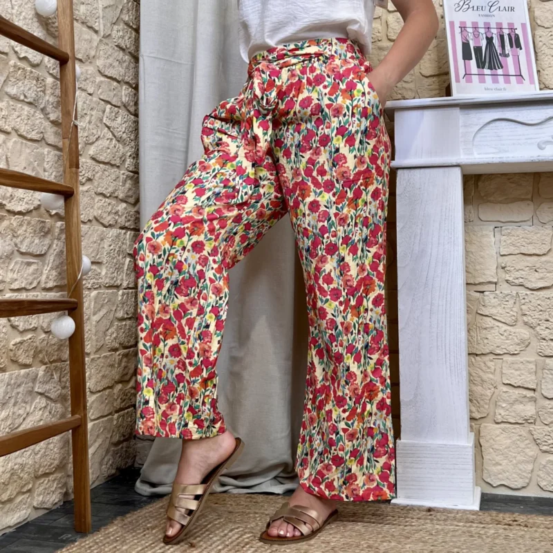 Pantalon fluide fleuri - rouge-jaune - 38