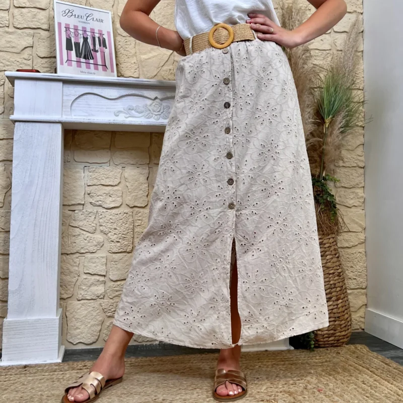 Jupe longue brodée et ceinture - beige - taille-unique