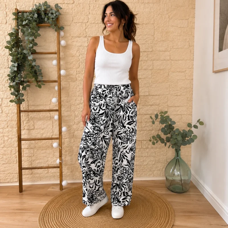 Pantalon fluide hibiscus - noir - taille-unique-grande-taille
