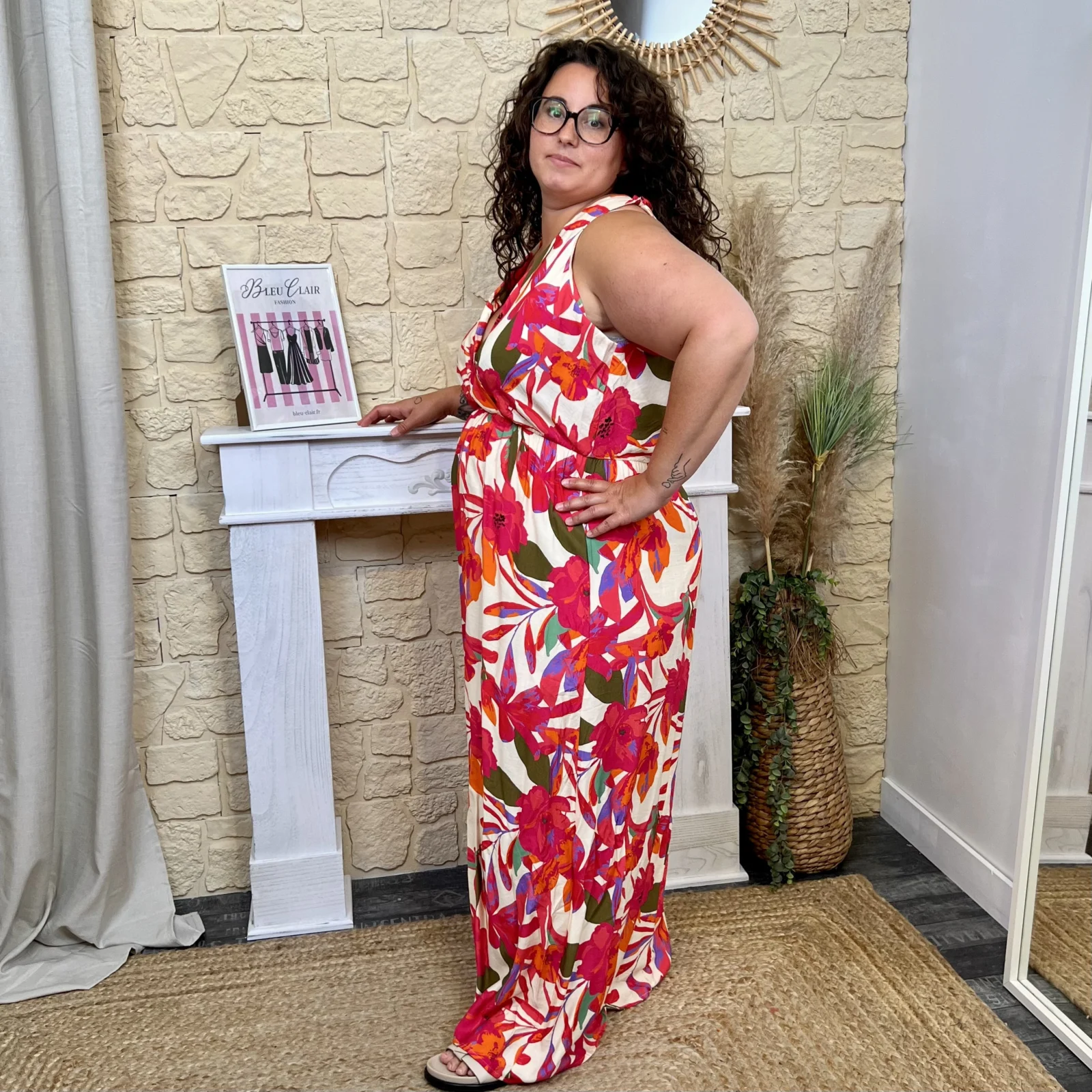Robe longue tropicale - fuchsia - 48