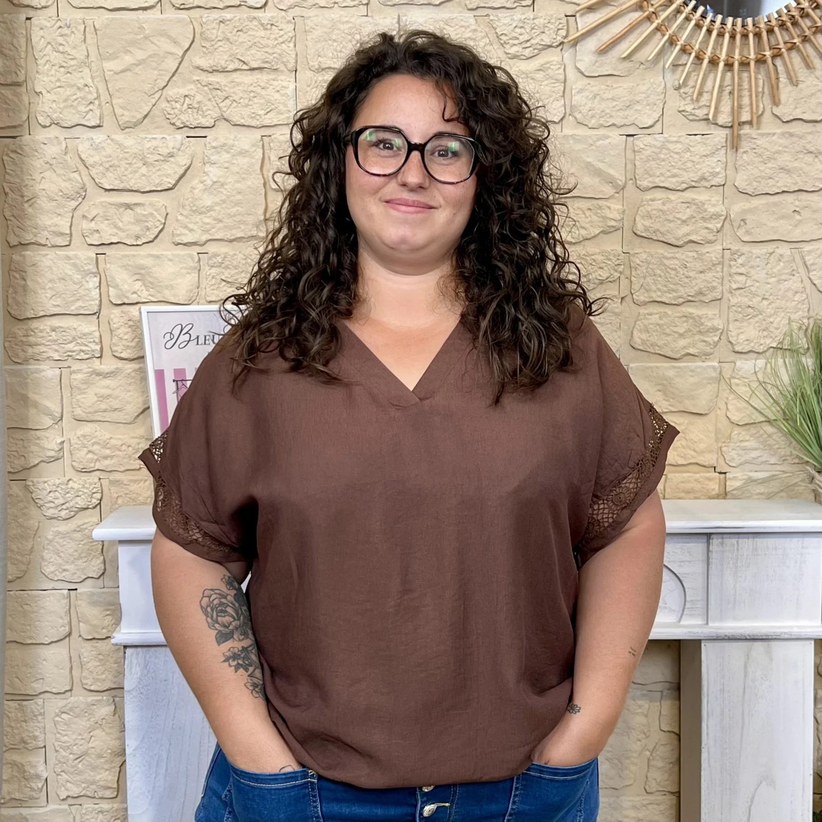 Blouse manches dentelle (T44-52) - marron - 52
