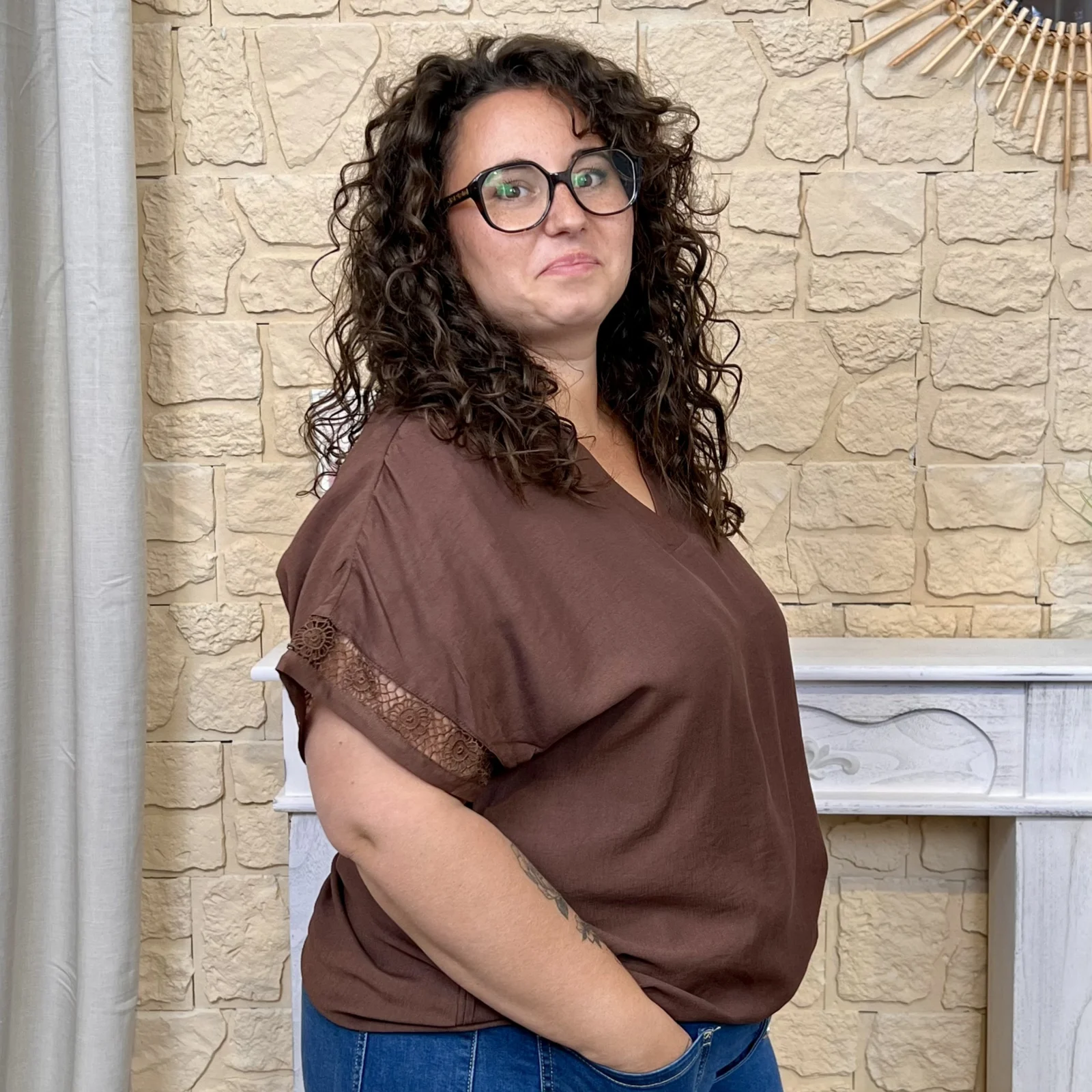 Blouse manches dentelle (T44-52) - marron - 52