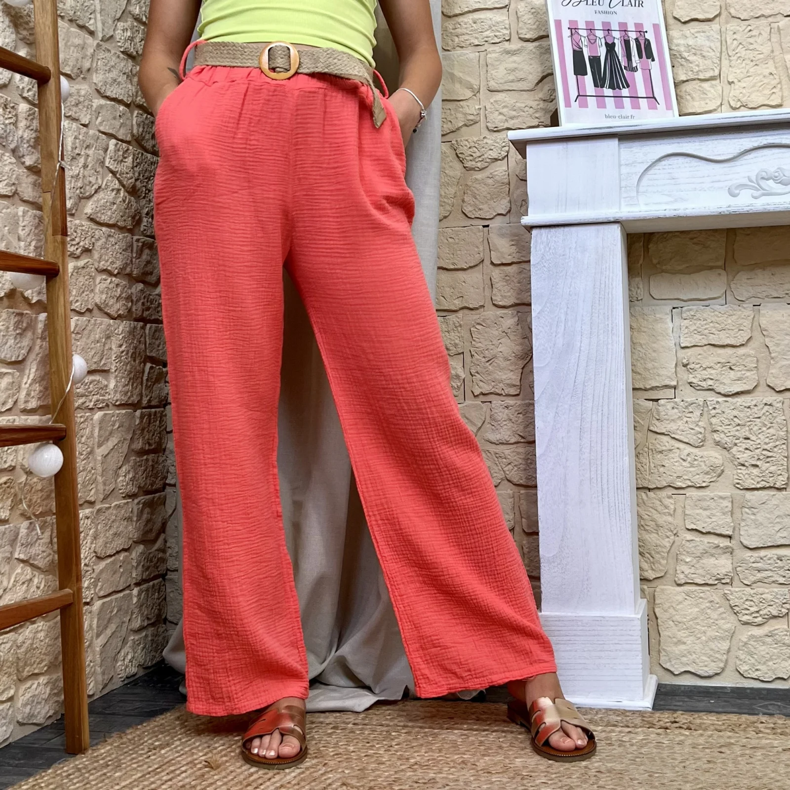 Pantalon gaze de coton et ceinture (TU) - corail - taille-unique