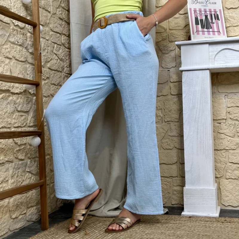 Pantalon gaze de coton et ceinture - bleu-ciel - taille-unique