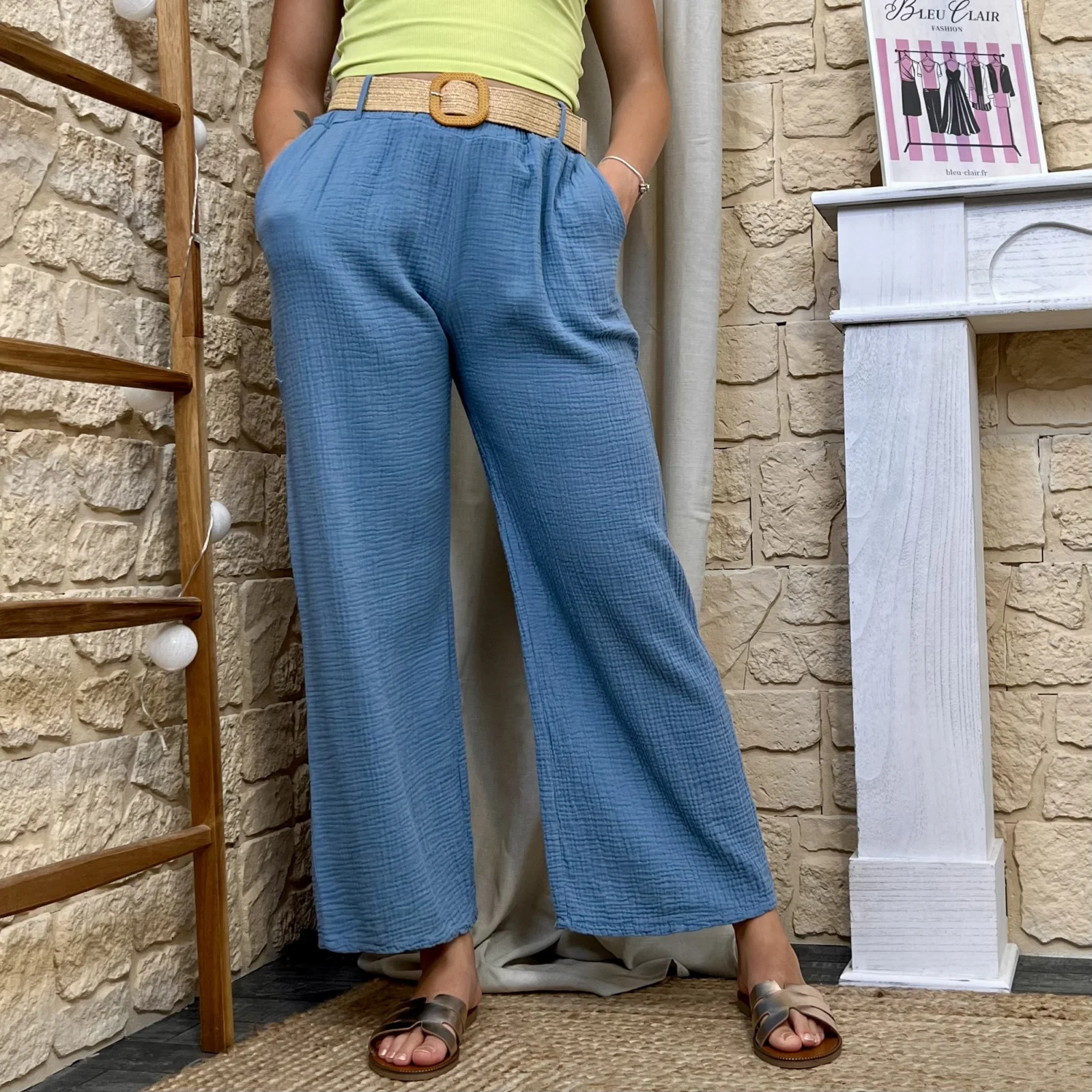 Pantalon flare en gaze de coton - bleu-jeans - taille-unique
