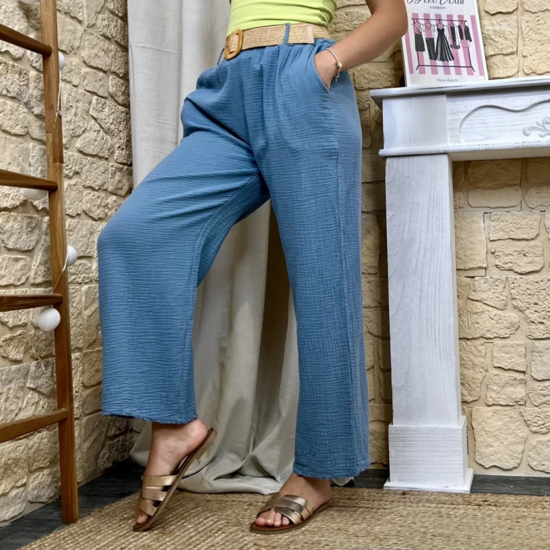 Pantalon flare en gaze de coton - bleu-jeans - taille-unique