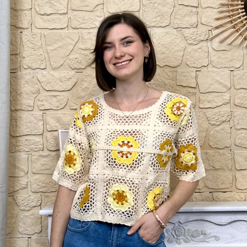 Pull en crochet - beige-moutarde - 38