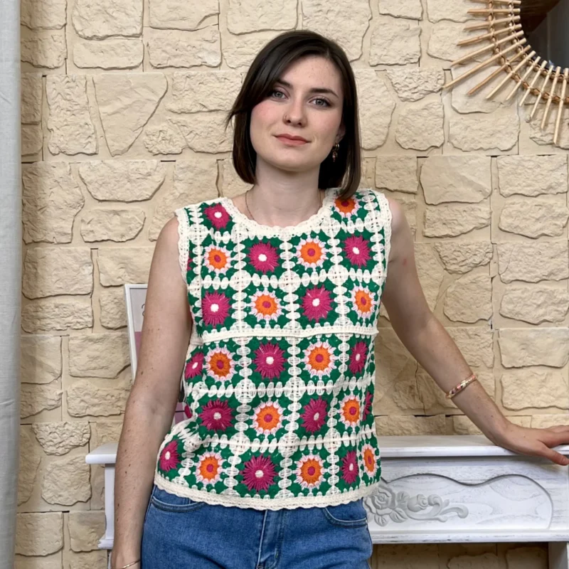 Débardeur crochet fleuri - vert-bresil - 38