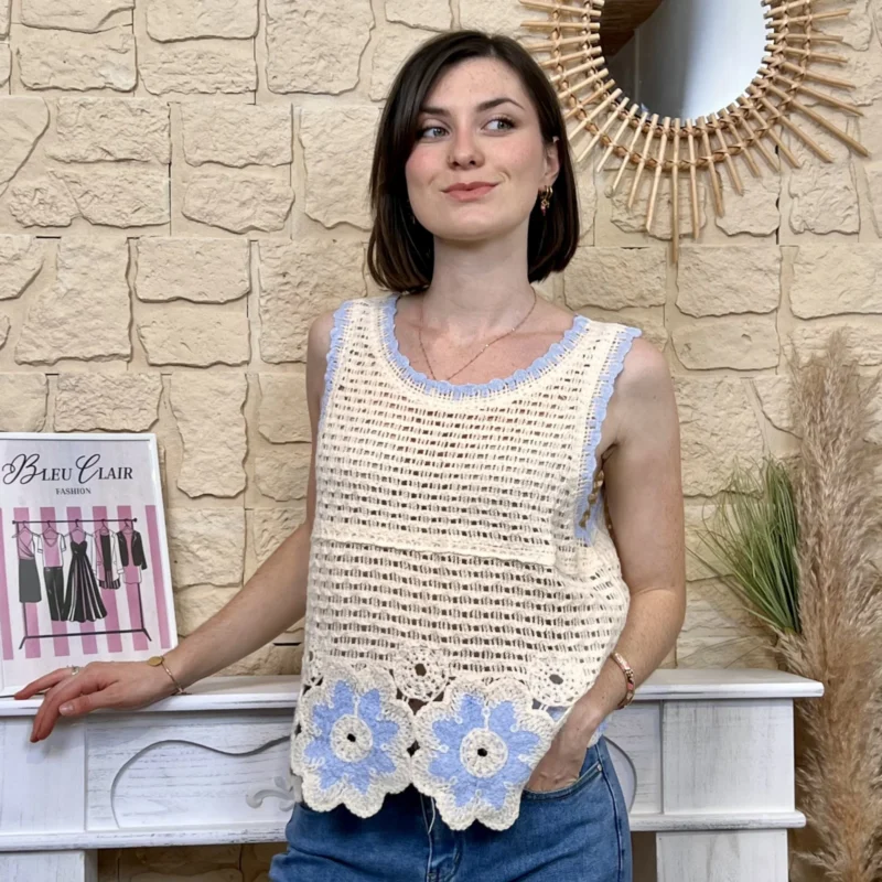 Débardeur crochet fleuri - beige-bleu-ciel - 38