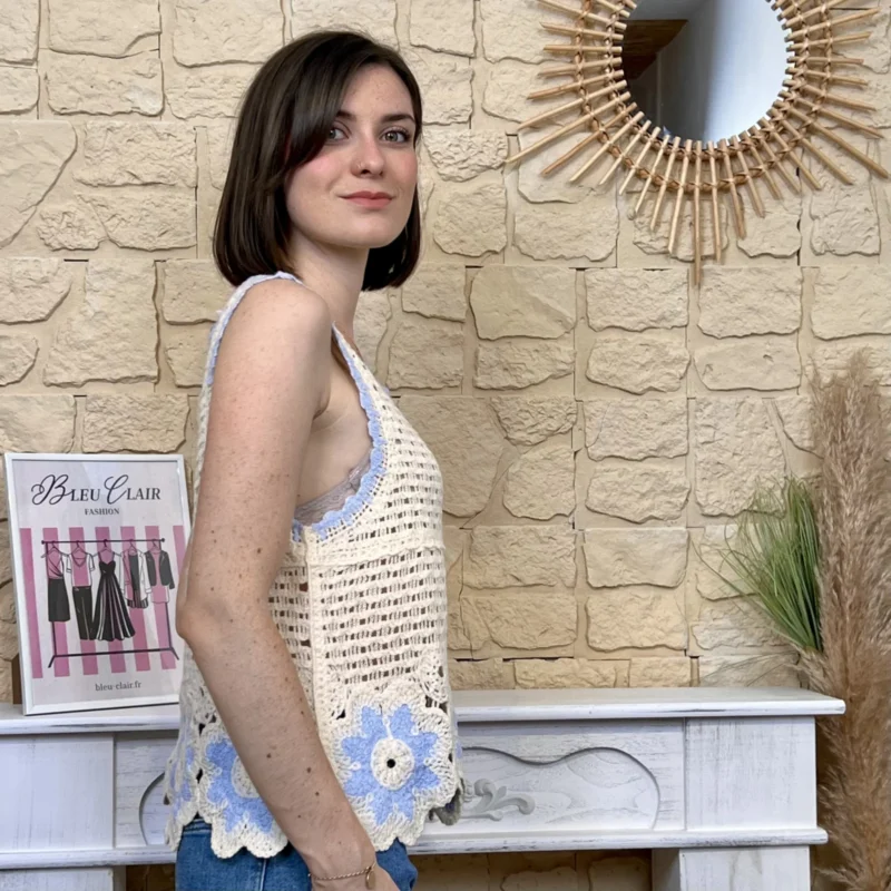 Débardeur crochet fleuri - beige-bleu-ciel - 38