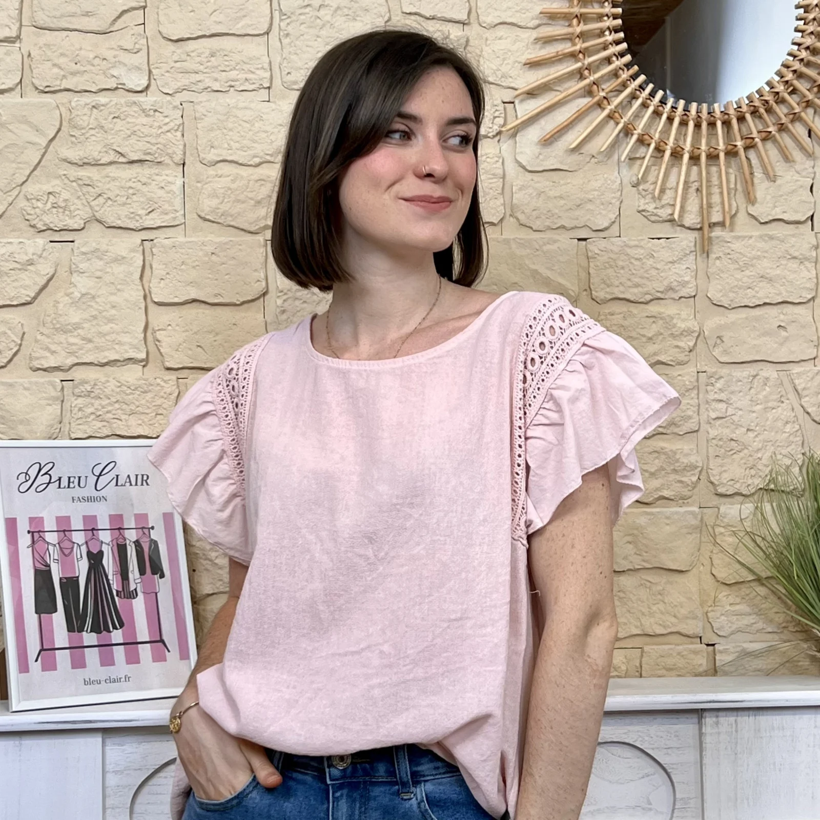 Blouse avec manches volantées (TU) - rose-pale - taille-unique
