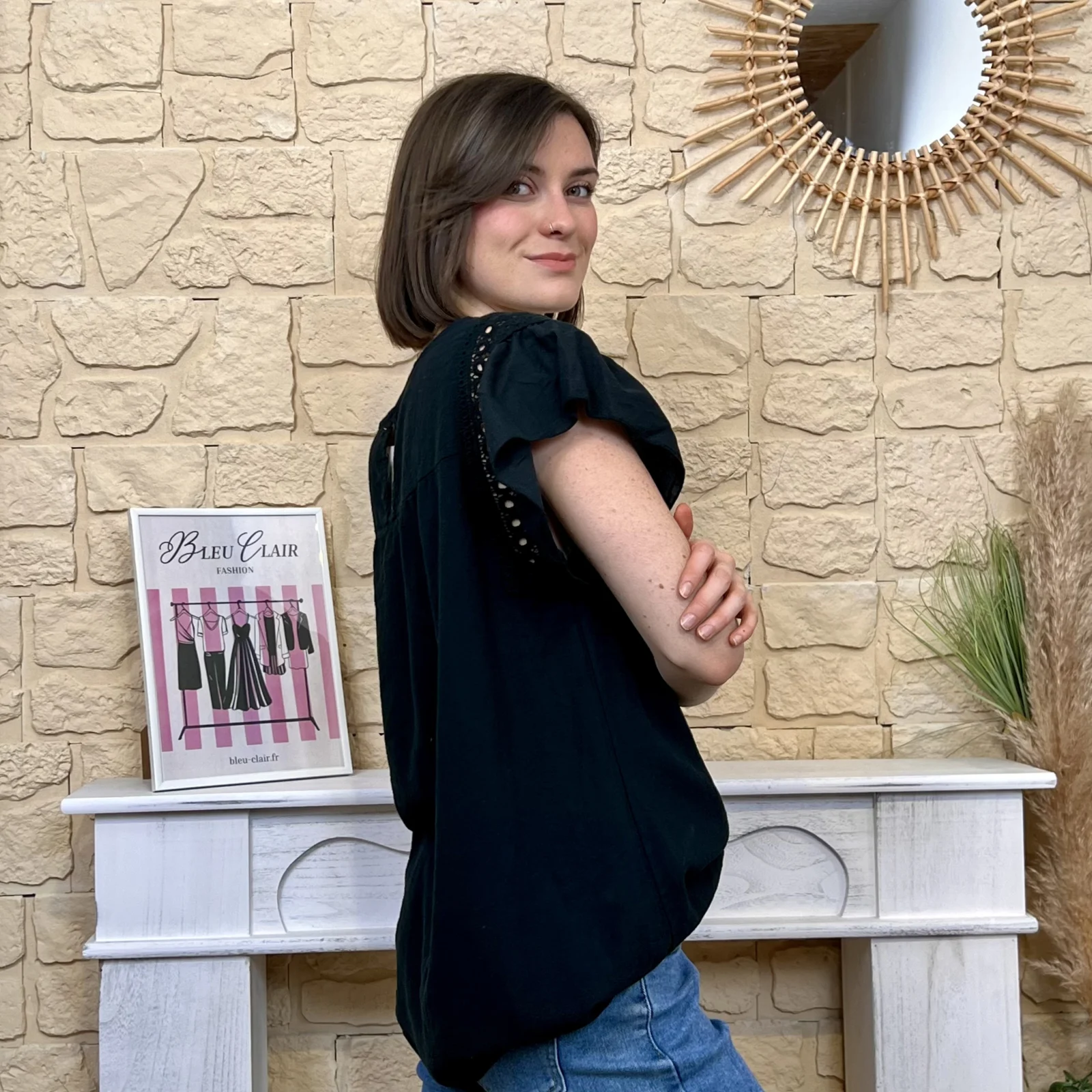 Blouse avec manches volantées (TU) - noir - taille-unique