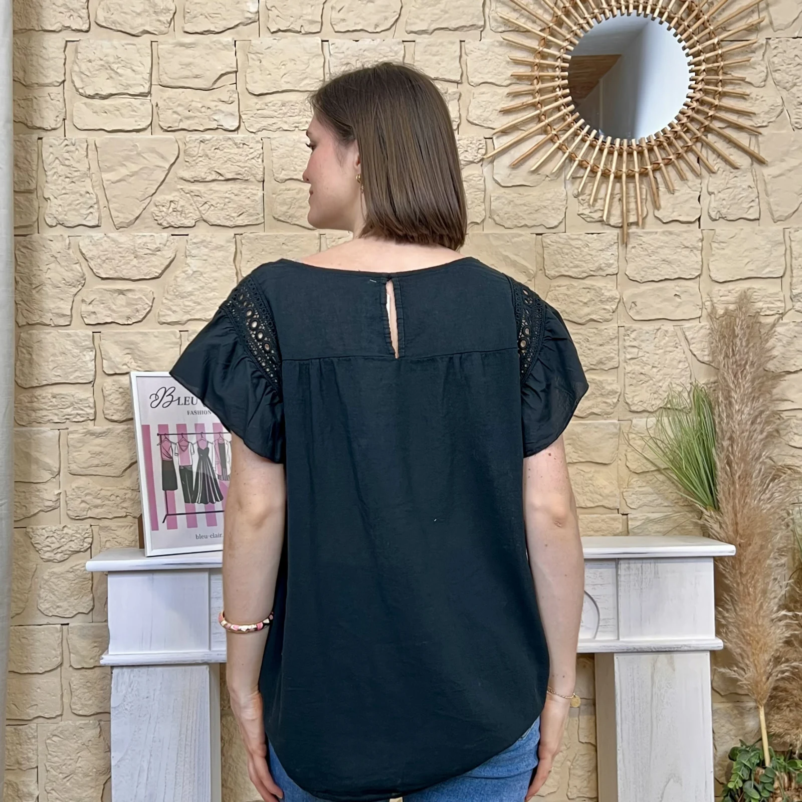 Blouse avec manches volantées (TU) - noir - taille-unique