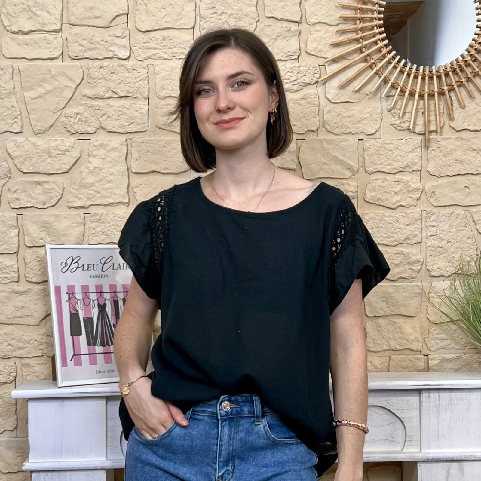 Blouse avec manches volantées (TU) - noir - taille-unique