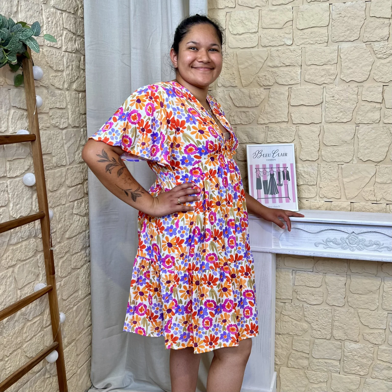 Robe courte fleurie (T42-T48) - orange-multicolore - 48
