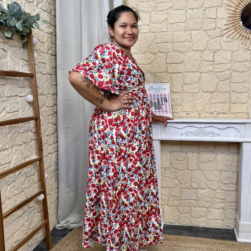 Robe longue fleurie (T40-T44) - beige-rouge - 48