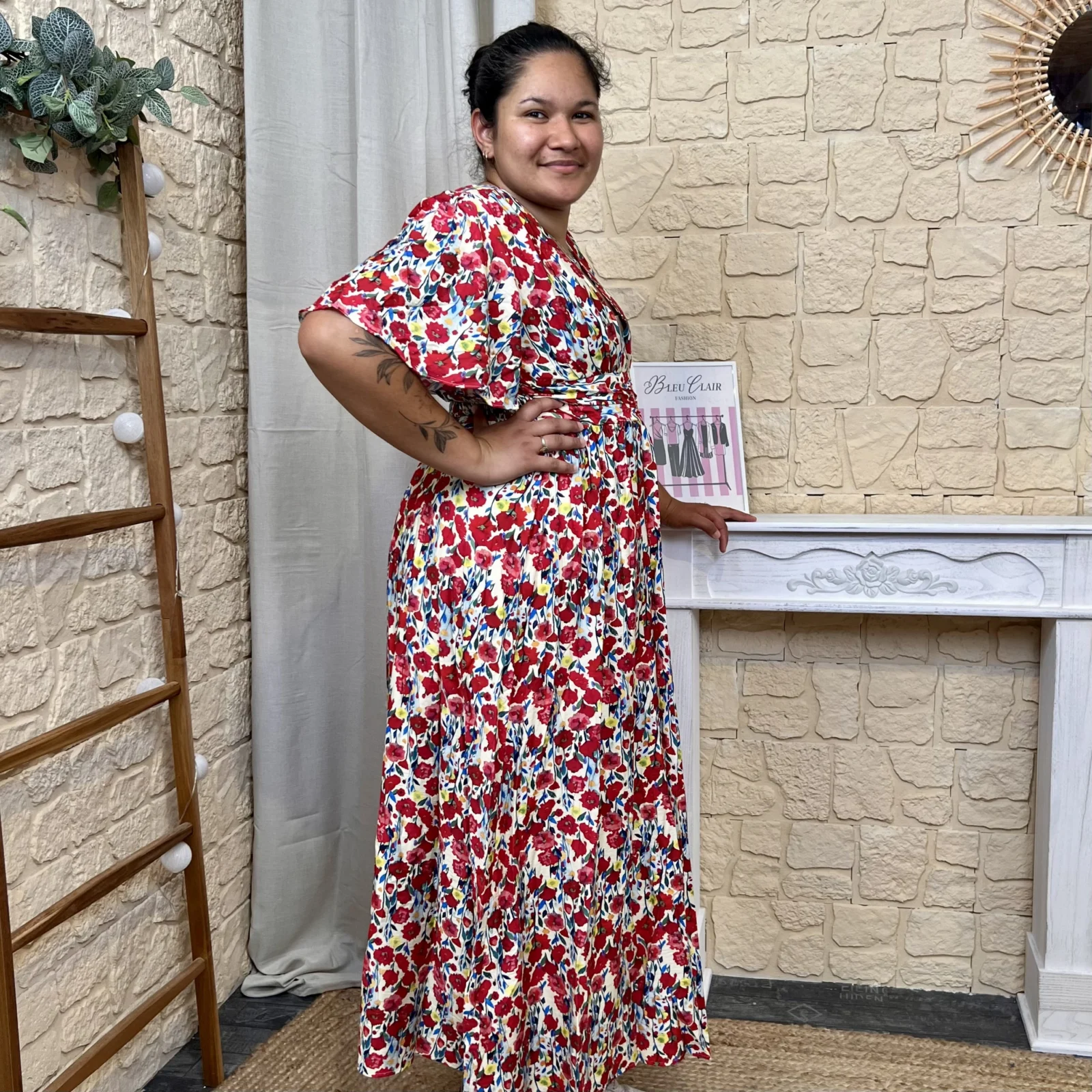 Robe longue fleurie (T40-T44) - beige-rouge - 48