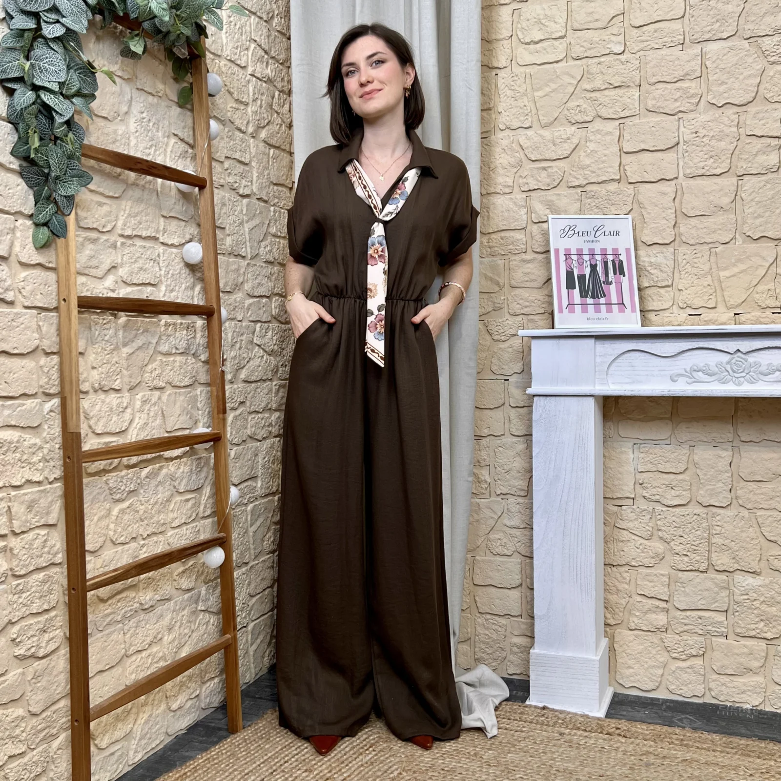 Combinaison pantalon fluide avec foulard femme - marron - taille-unique