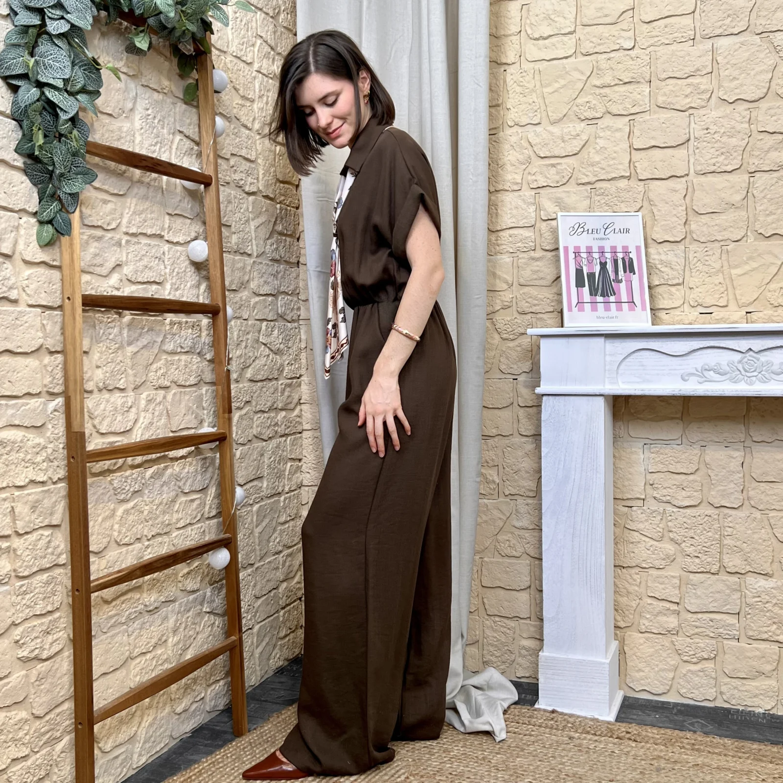 Combinaison pantalon fluide avec foulard femme - marron - taille-unique