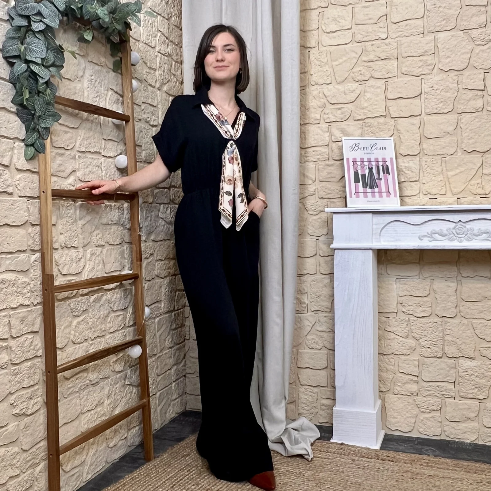 Combinaison pantalon fluide avec foulard femme - noir - taille-unique