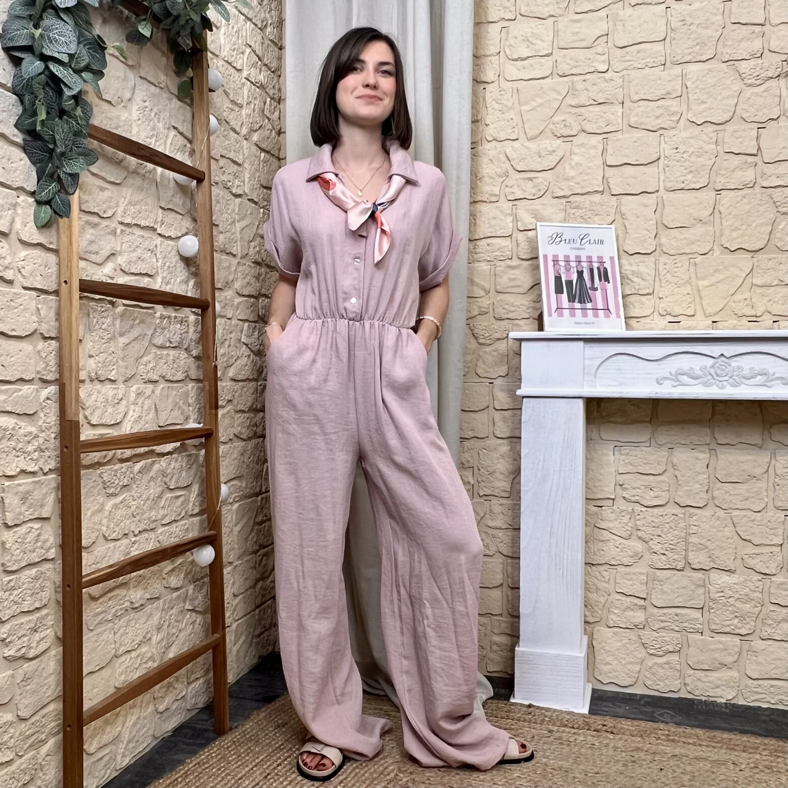 Combinaison pantalon fluide avec foulard femme - rose-pale - taille-unique