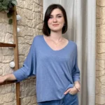 Pull femme maille fine col V « Tendance » - bleu-jeans - taille-unique