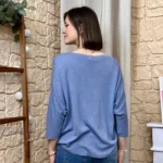 Pull femme maille fine col V « Tendance » - bleu-jeans - taille-unique