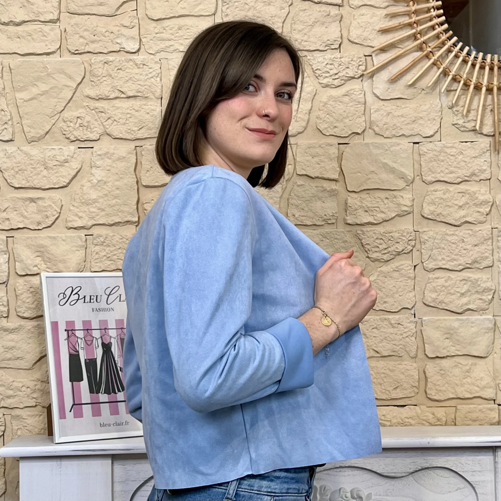 Veste courte suédine (T38-T44) - bleu-ciel - 44