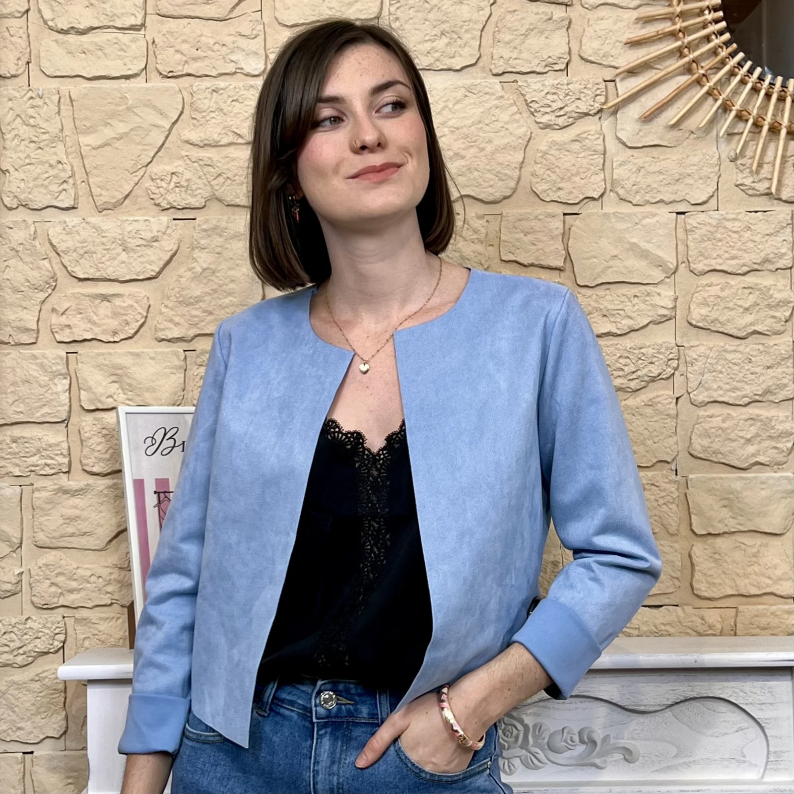 Veste courte suédine (T38-T44) - bleu-ciel - 44
